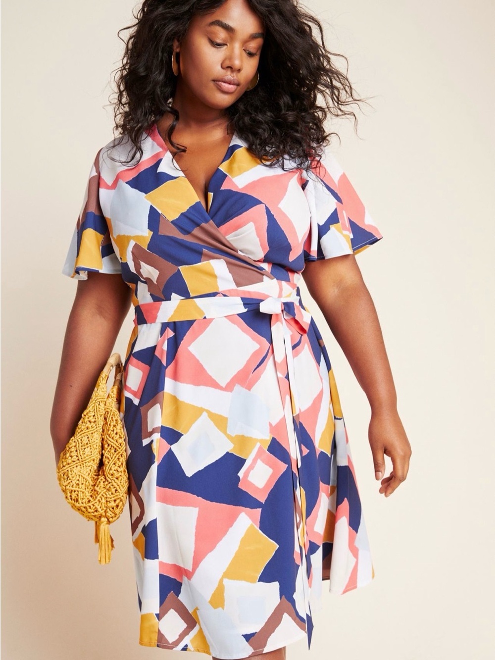Hutch Abstract Print Wrap Mini Dress in Navy, Coral & Mustard